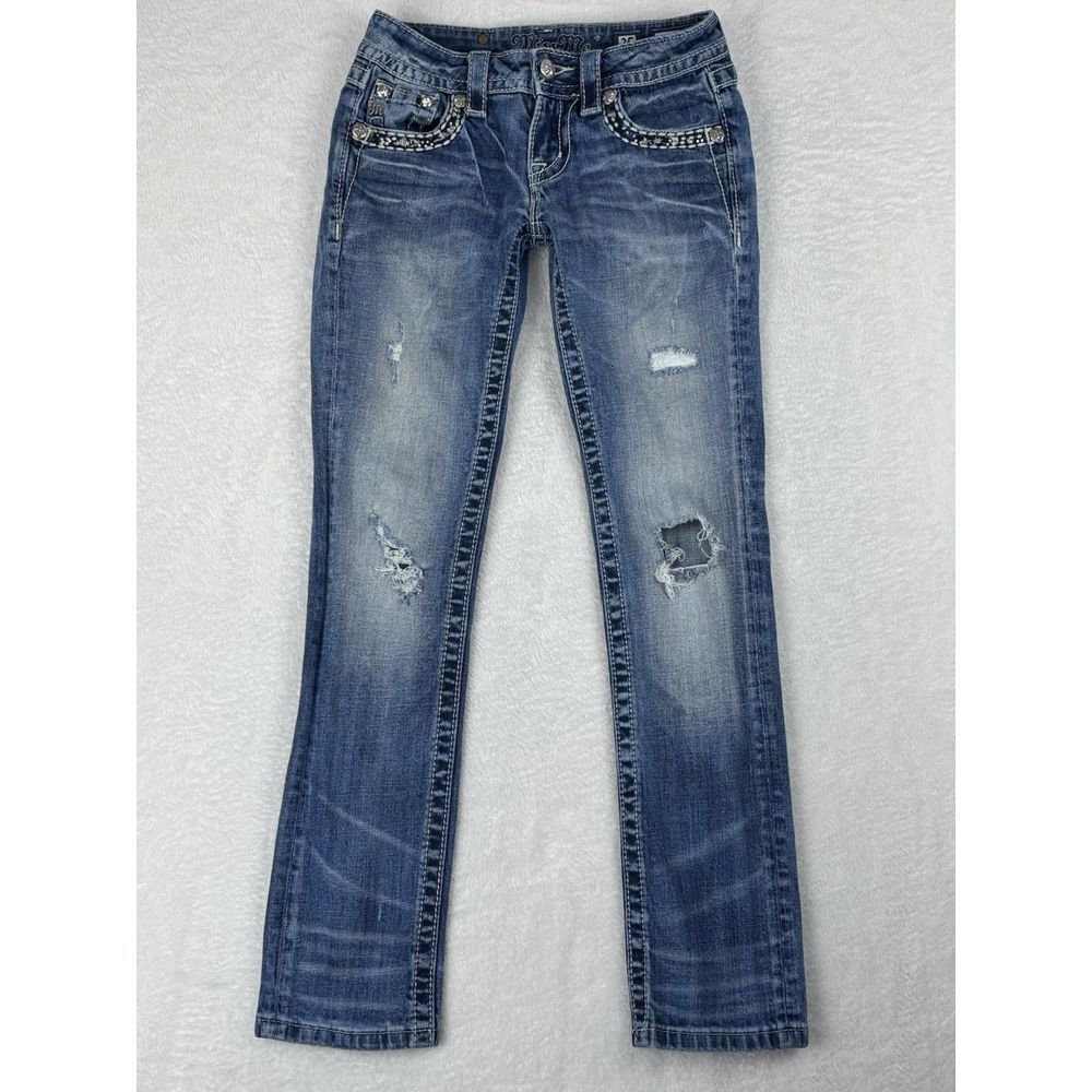 Miss‎ Me Jeans Womens Blue Signature Cuffed Straight Distressed Jeans Size 25
